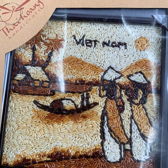 NEW IN BOX Vietnam Hand Crafted Framed Rice Art Wall Hanging 8" x 8" - Picture 6 of 8